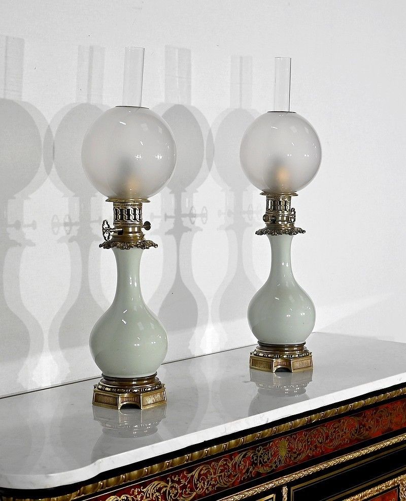 Pair Of Oil Lamps In Celadon And Bronze, Napoleon III Period, Mid 19th Century photo furniture