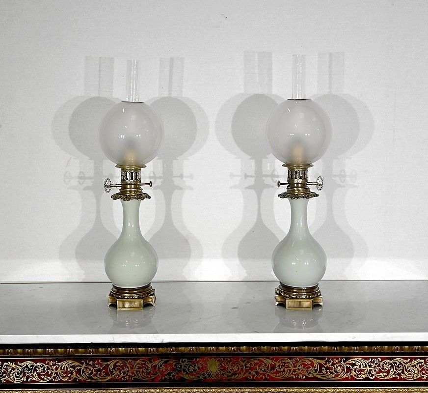 Pair Of Oil Lamps In Celadon And Bronze, Napoleon III Period, Mid 19th Century photo for sale