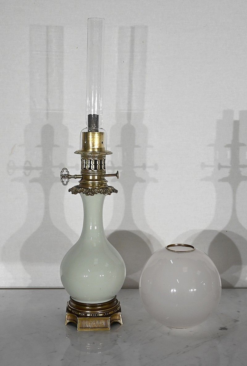Pair Of Oil Lamps In Celadon And Bronze, Napoleon III Period, Mid 19th Century photo buy