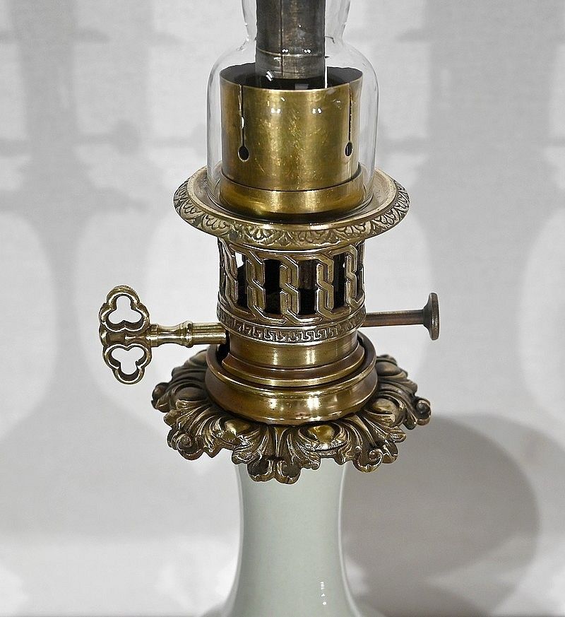 Pair Of Oil Lamps In Celadon And Bronze, Napoleon III Period, Mid 19th Century photo vintage