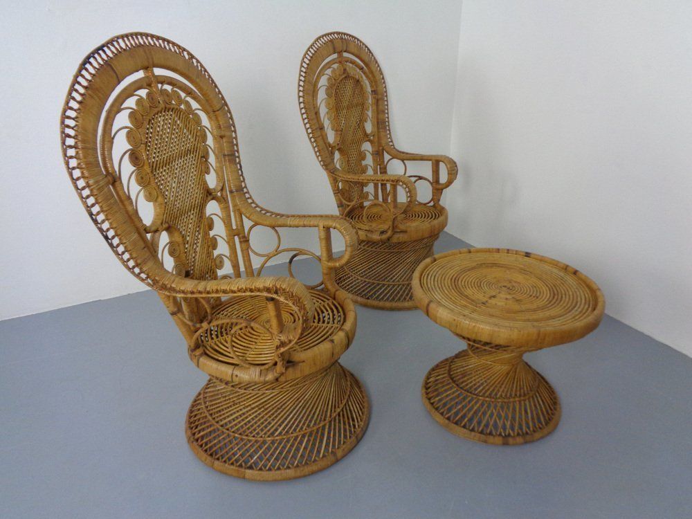 French Peacock Chairs & Table, 1960s, Set Of 3