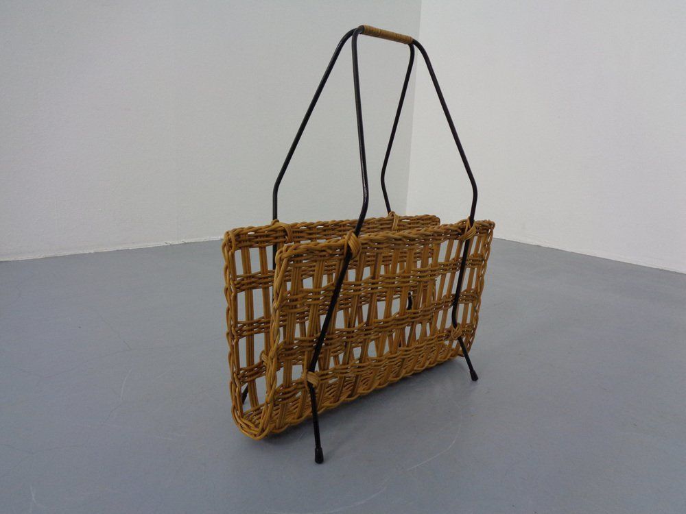 Magazine Rack In Filigree Rattan And Steel, 1960s photo for sale