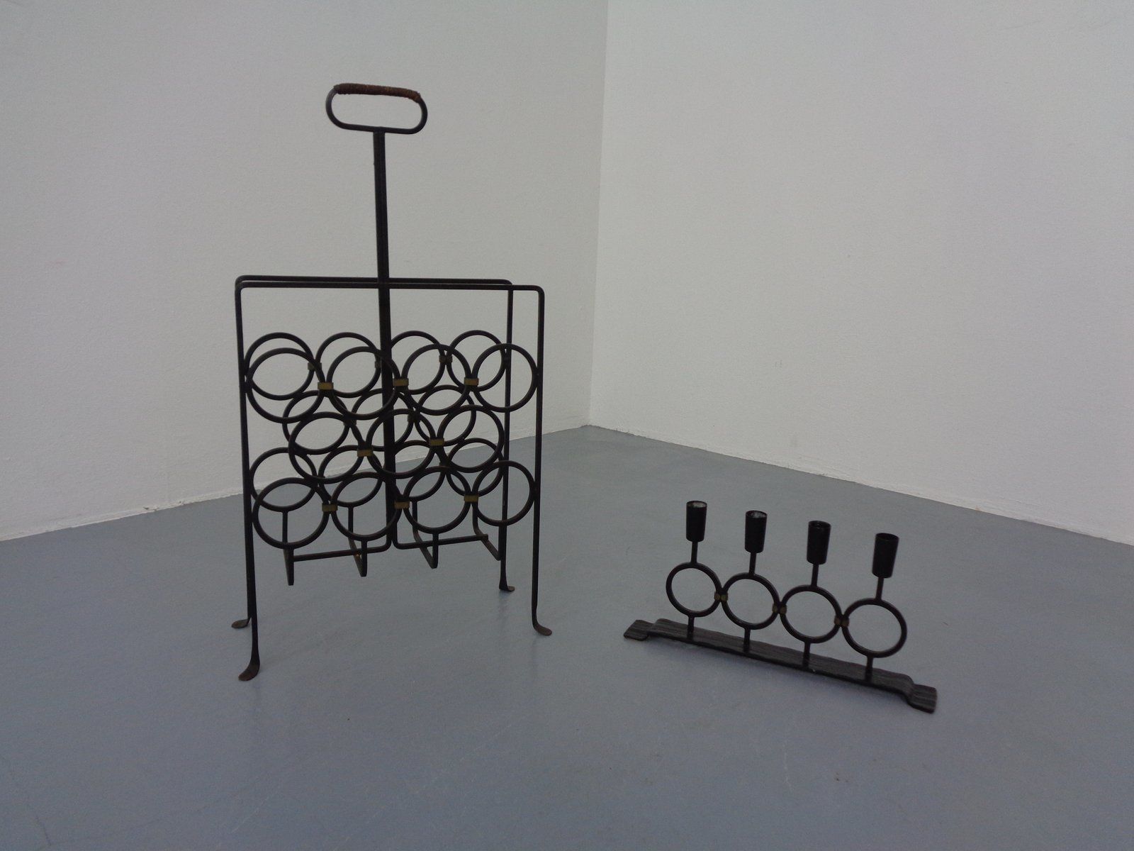 Brutalist Iron Magazine Rack And Candleholder, 1960s, Set Of 2