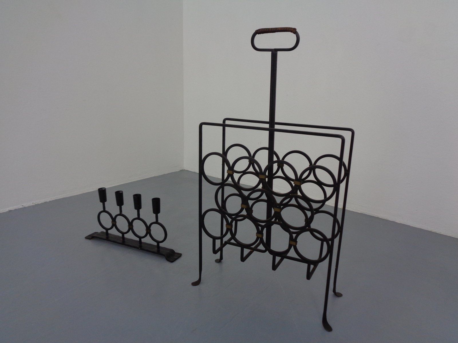 Brutalist Iron Magazine Rack And Candleholder, 1960s, Set Of 2 photo furniture