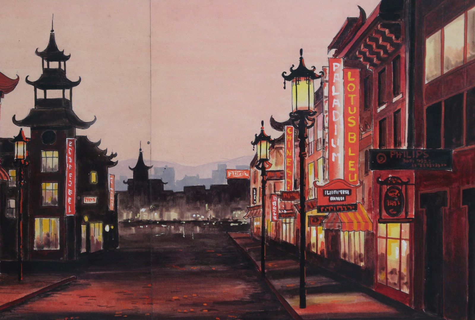 Chinatown San Francisco At Twilight, French School Circa 1950s photo vintage