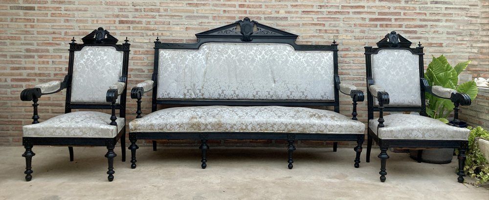 photo for sale Alphonsine Armchairs In Ebonized Wood, 1900, Set Of 3