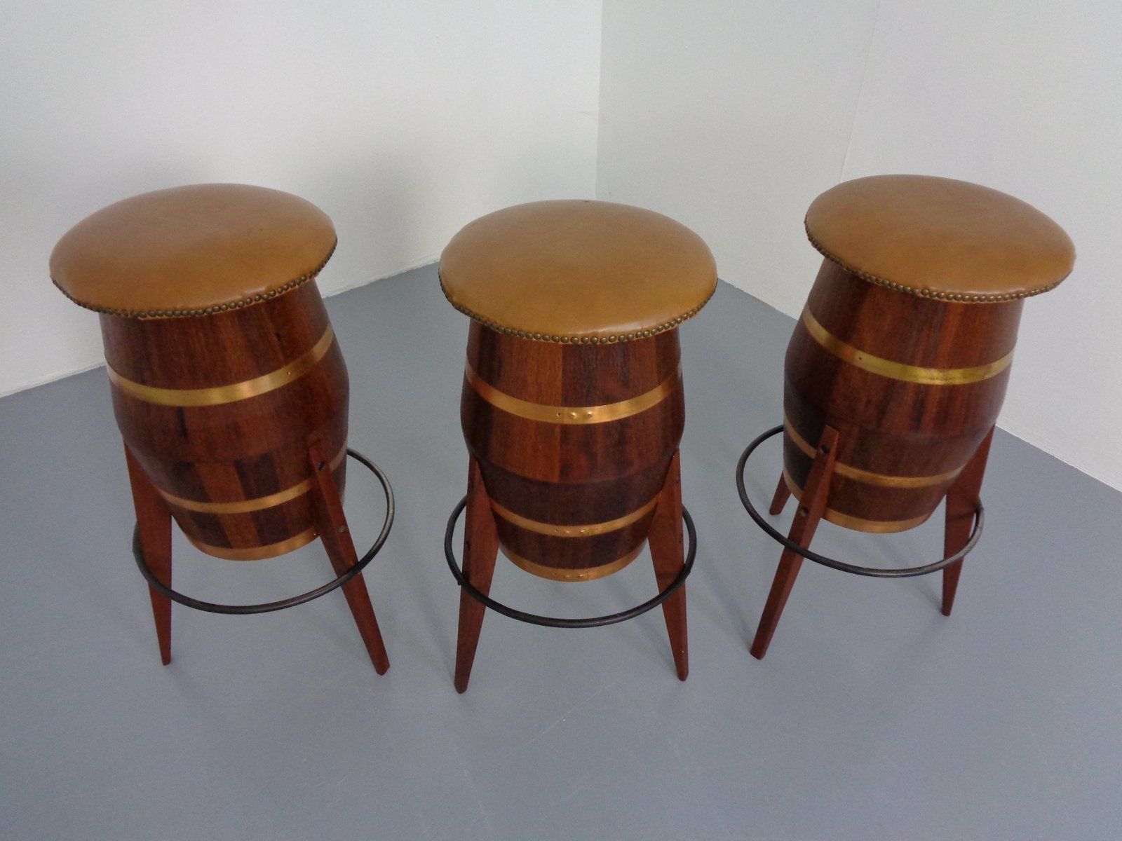 Mid Century Teak & Copper Barstools, 1960s, Set Of 3 photo vinterior