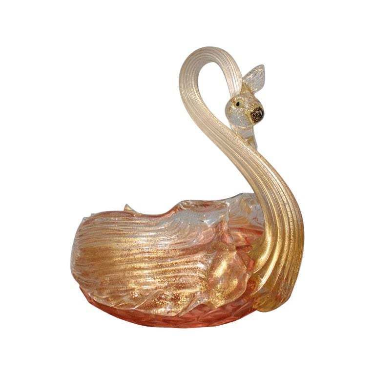Archimede Seguso 1940s Swan Shaped Murano Glass Bowl With Gold Dust Italian