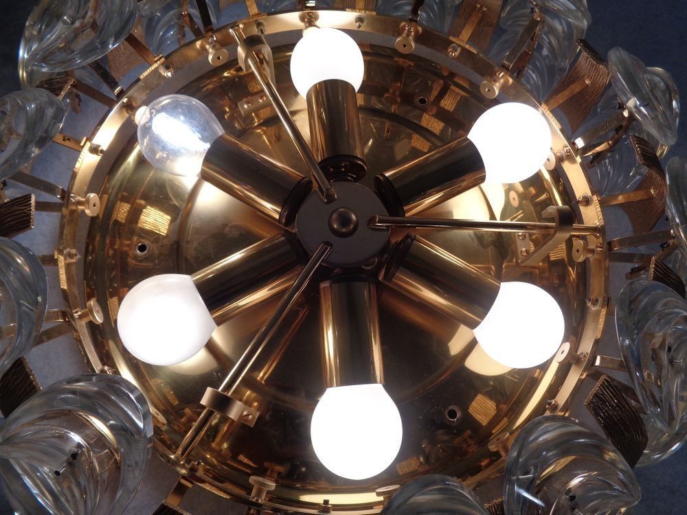 photo for sale Large Gilded Brass And Crystal Glass Ceiling Lamp By Ernst Palme For Palwa 1960s
