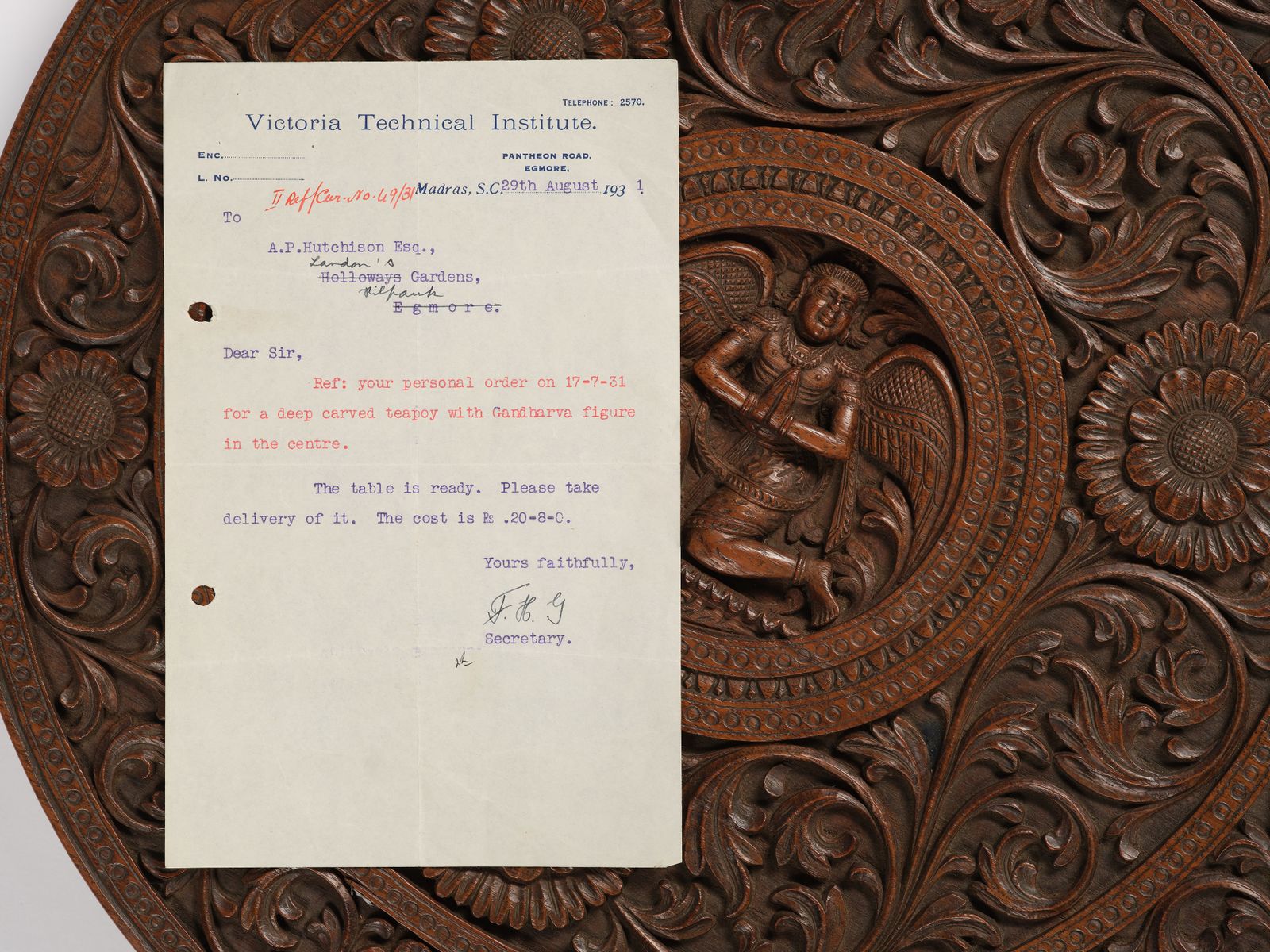 photo furniture Very Rare Antique Indian Ornately Hand Carved Mahogany Gandharva Figure Teapoy Table Top Wall Plaque, Dated 1931 With Original Receipt.