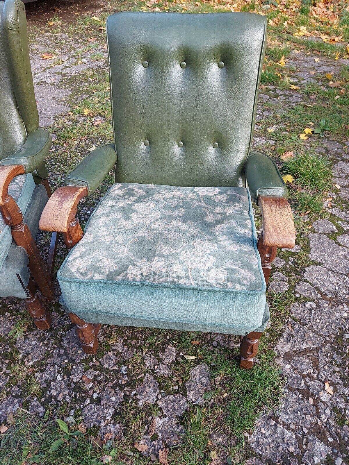 3 Vintage/Retro/Mid Century Green Vinyl Backed Oak Framed Armchairs, 1 Wing Back photo Furniture