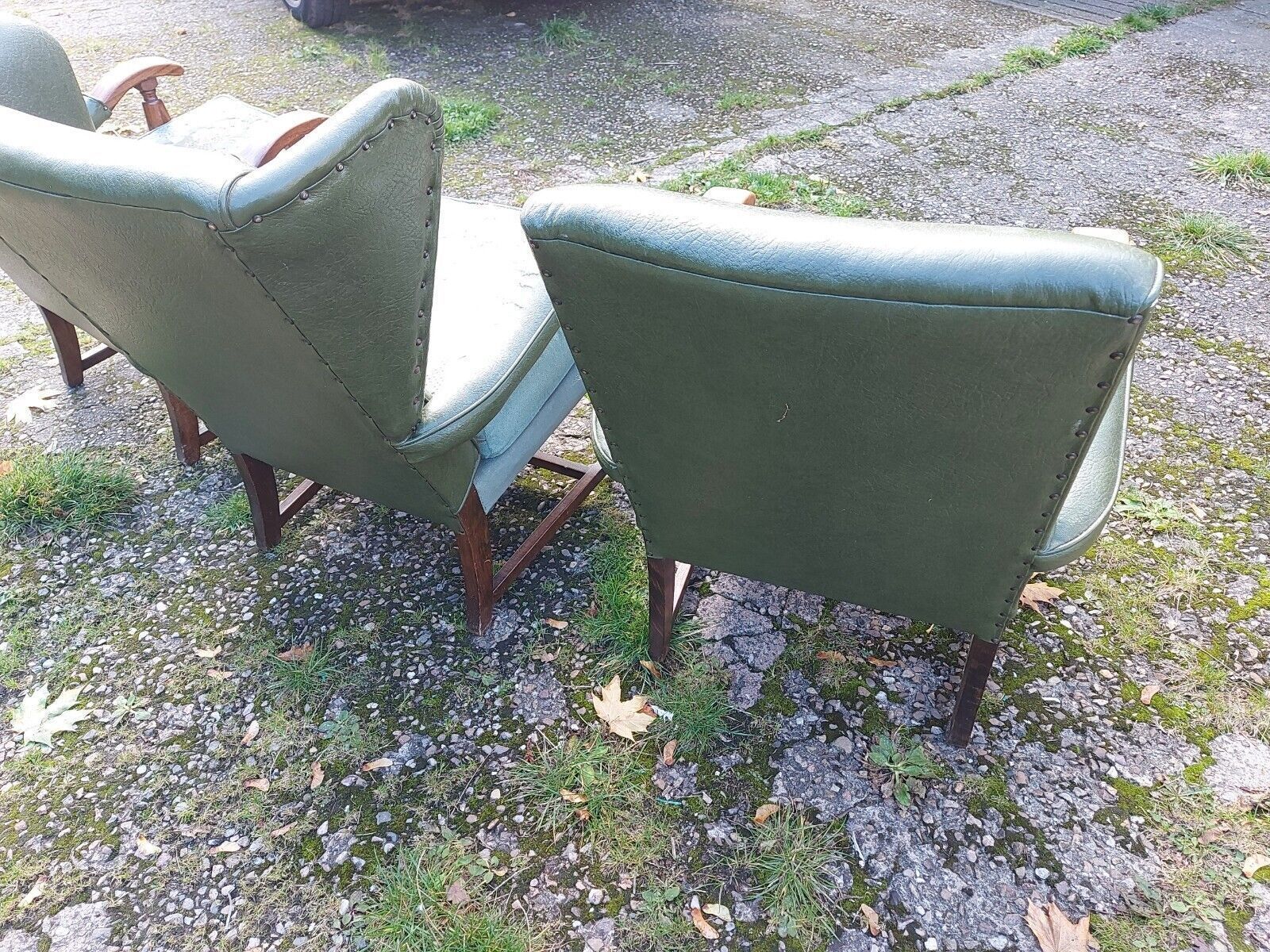 3 Vintage/Retro/Mid Century Green Vinyl Backed Oak Framed Armchairs, 1 Wing Back photo buy