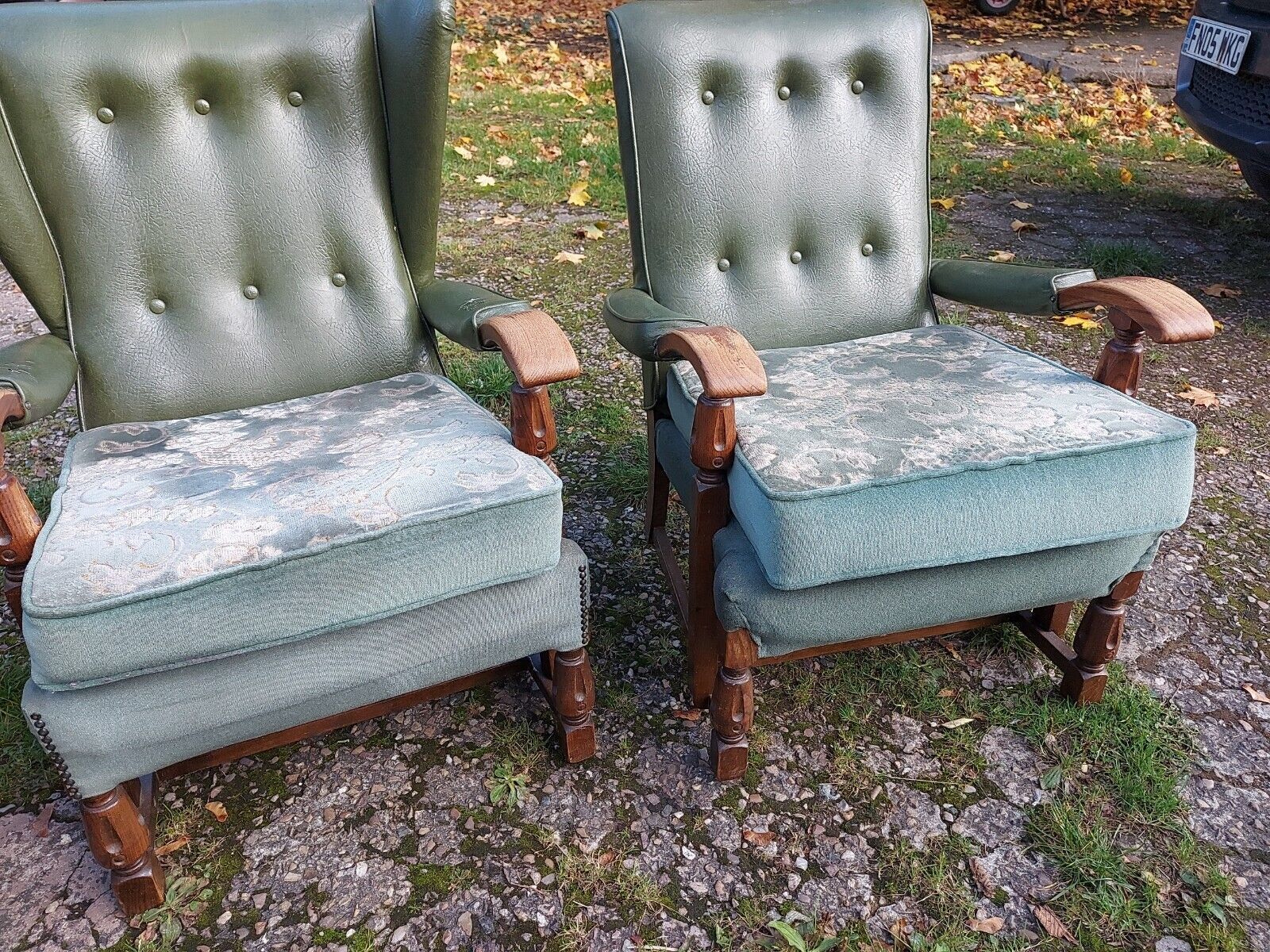 Furniture 3 Vintage/Retro/Mid Century Green Vinyl Backed Oak Framed Armchairs, 1 Wing Back photo
