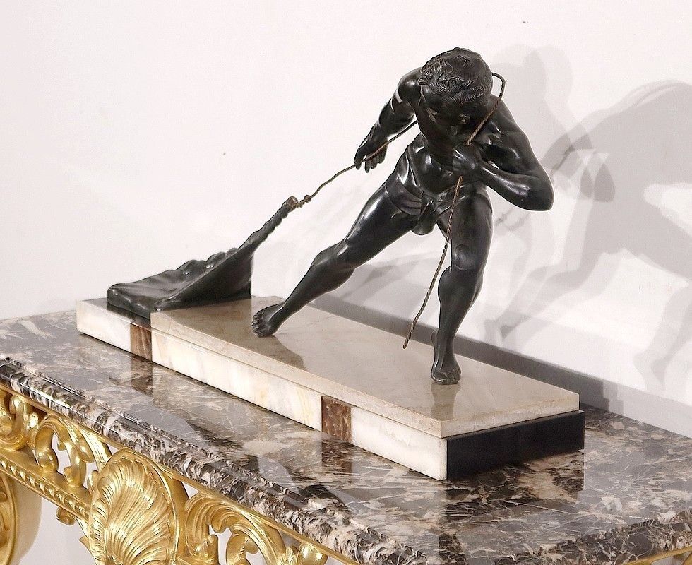 Important Spelter Sculpture "The Fisherman", By J. De Roncourt, Art Deco   1930 photo for sale