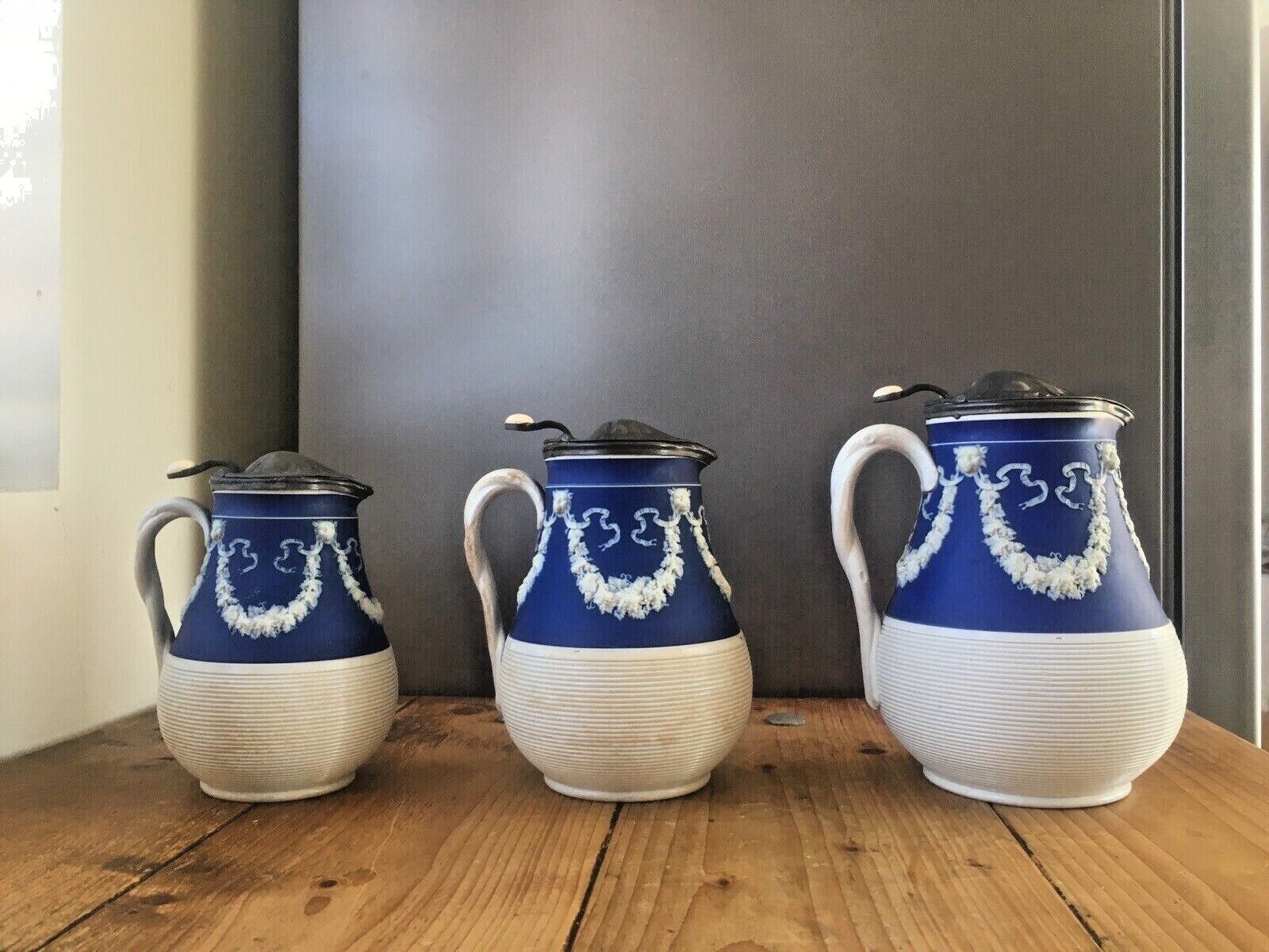 Graduated Set Of Cobalt Jasperware Ribbed Lion Pewter Water Jugs Dudson Wedgwood photo 240.0