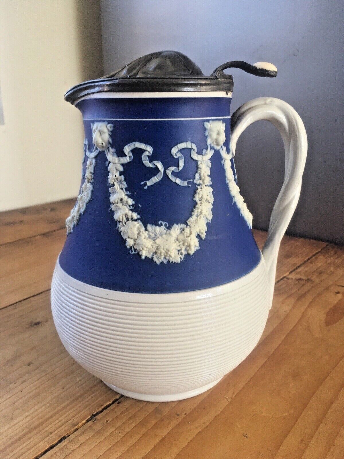photo for sale Graduated Set Of Cobalt Jasperware Ribbed Lion Pewter Water Jugs Dudson Wedgwood