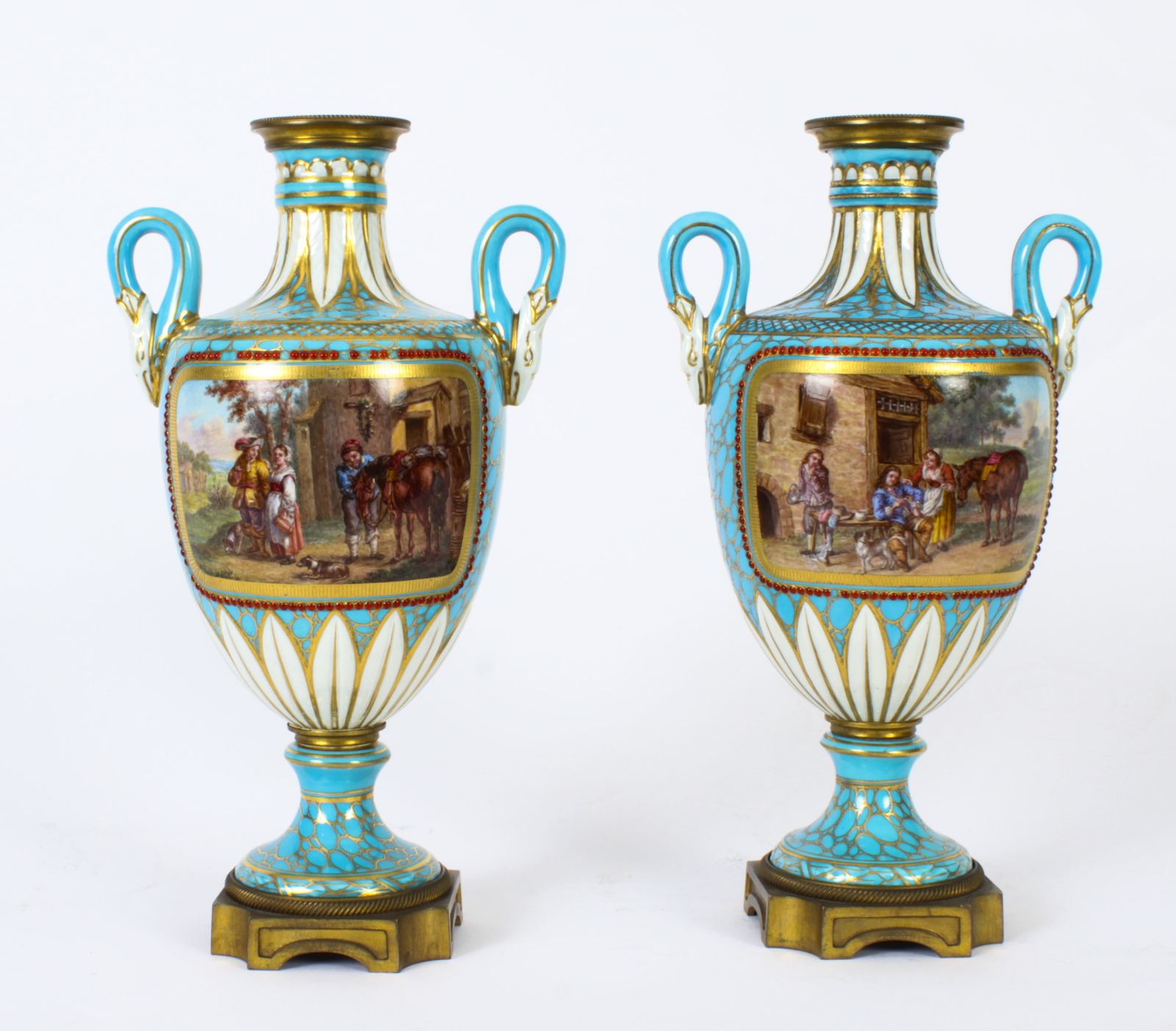 Antique Pair Of French Bleu Celeste Porcelain Urns 19th Century