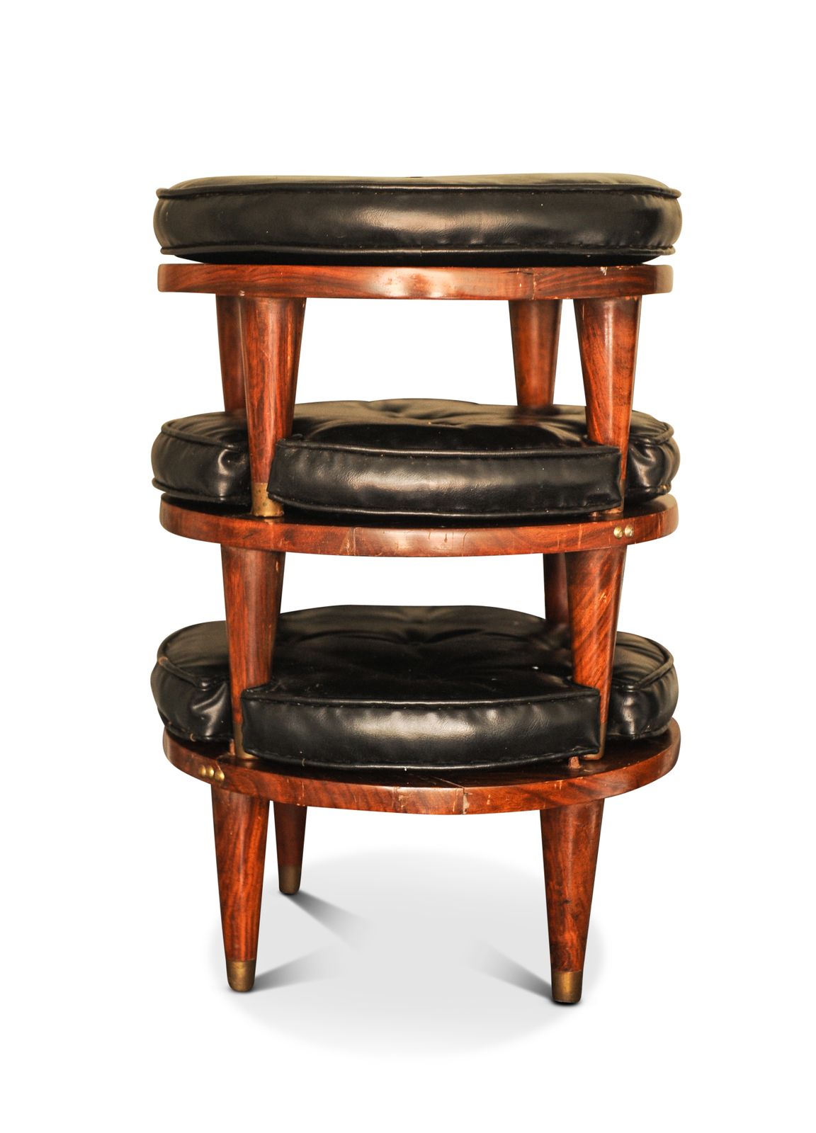 Set Of Three Mid Century Hardwood & Black Leatherette Stacking Footstools With Cushioned Circular Footpad 1970s Ol photo furniture