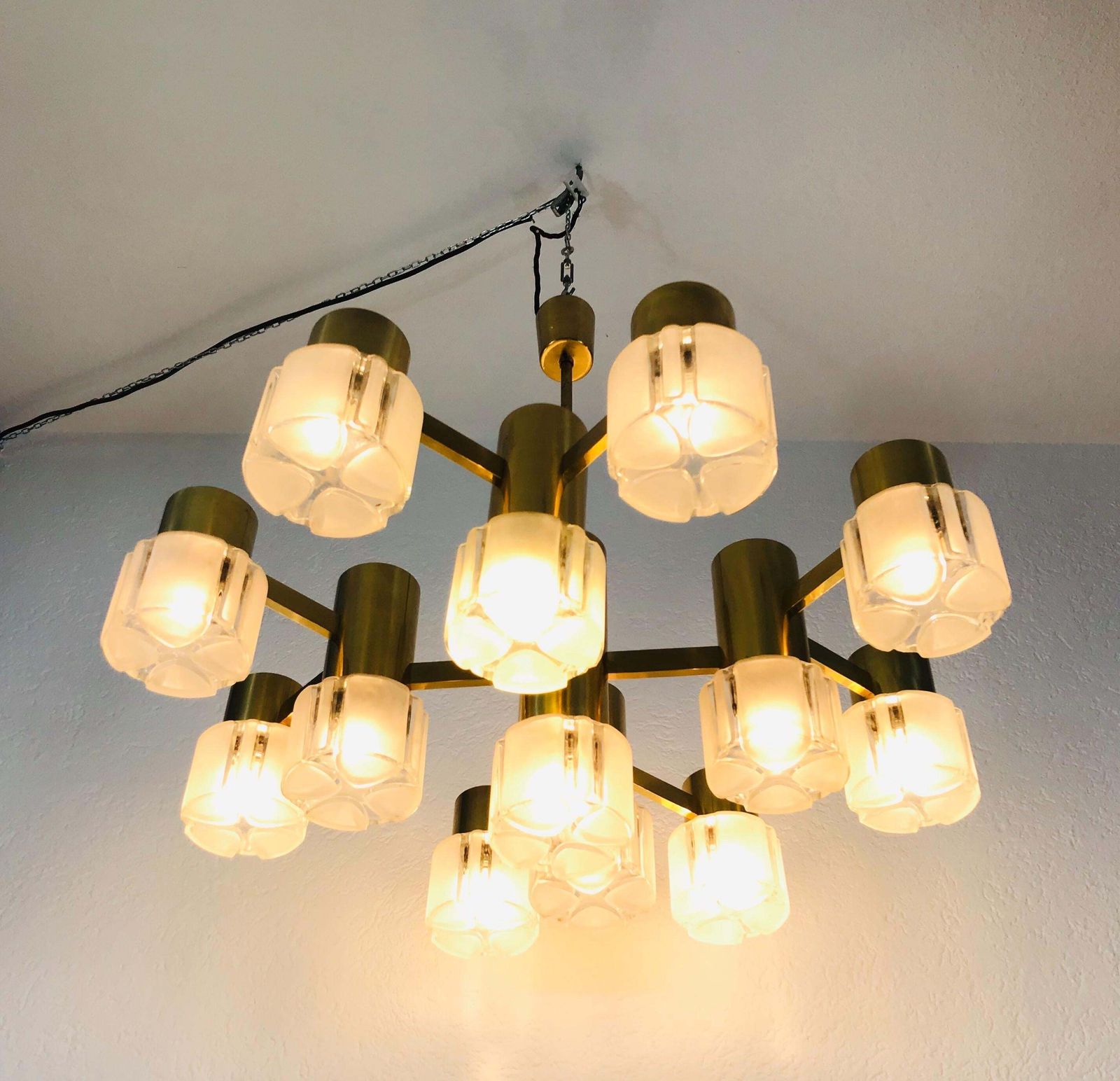Monumental Swedish Mid Century Modern Brass And Ice Glass Chandelier, 1960s photo Lighting