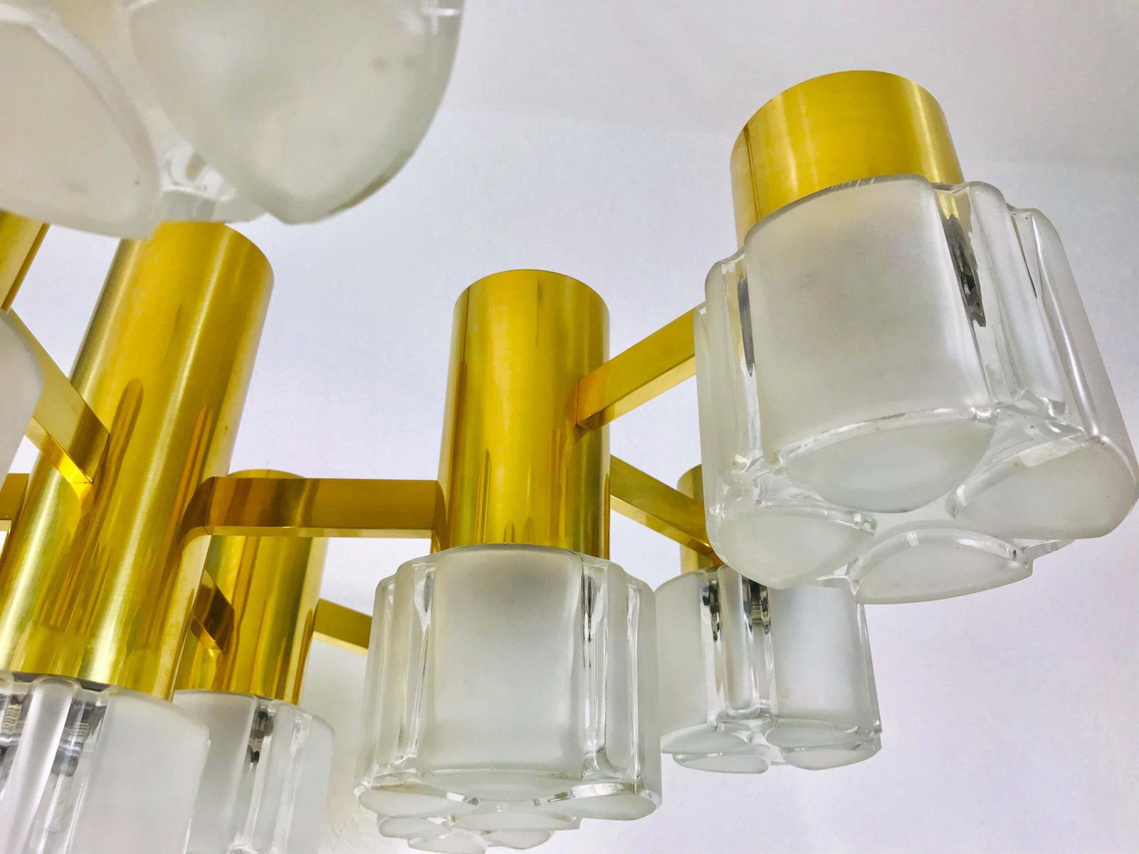 Monumental Swedish Mid Century Modern Brass And Ice Glass Chandelier, 1960s photo vintage