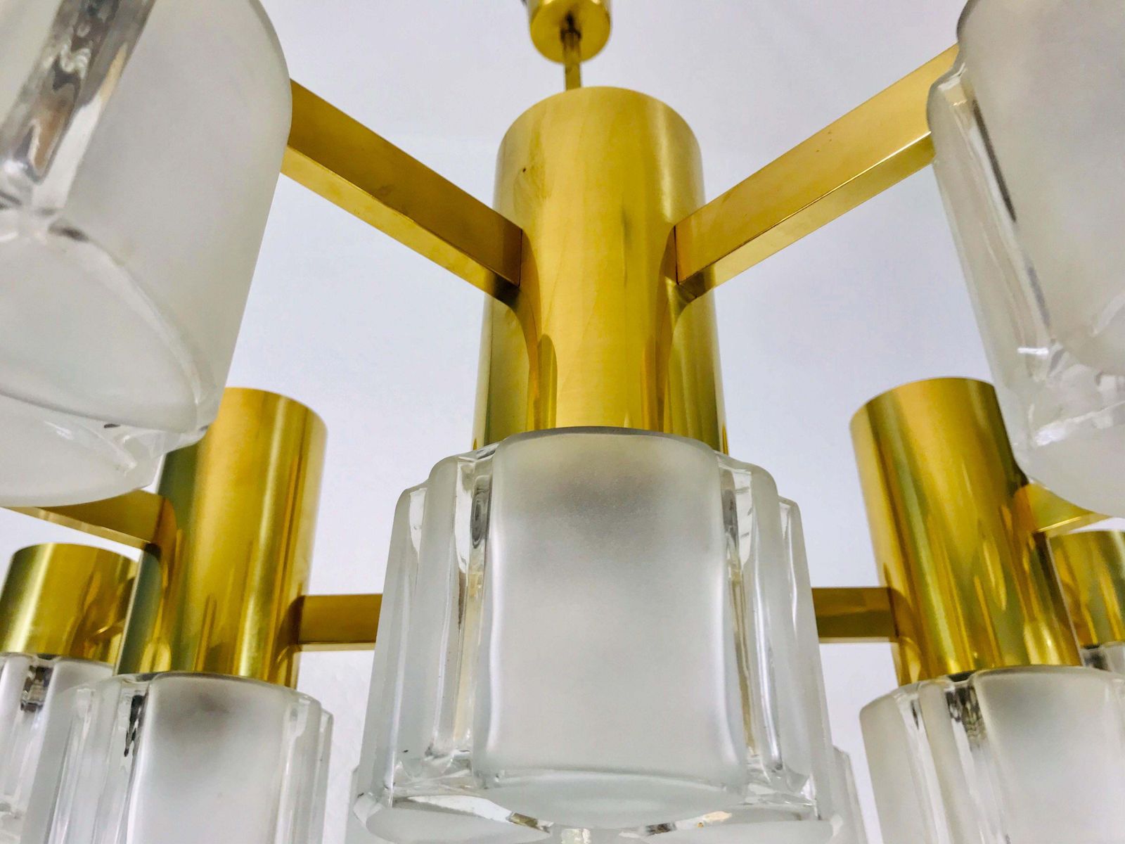 photo for sale Monumental Swedish Mid Century Modern Brass And Ice Glass Chandelier, 1960s