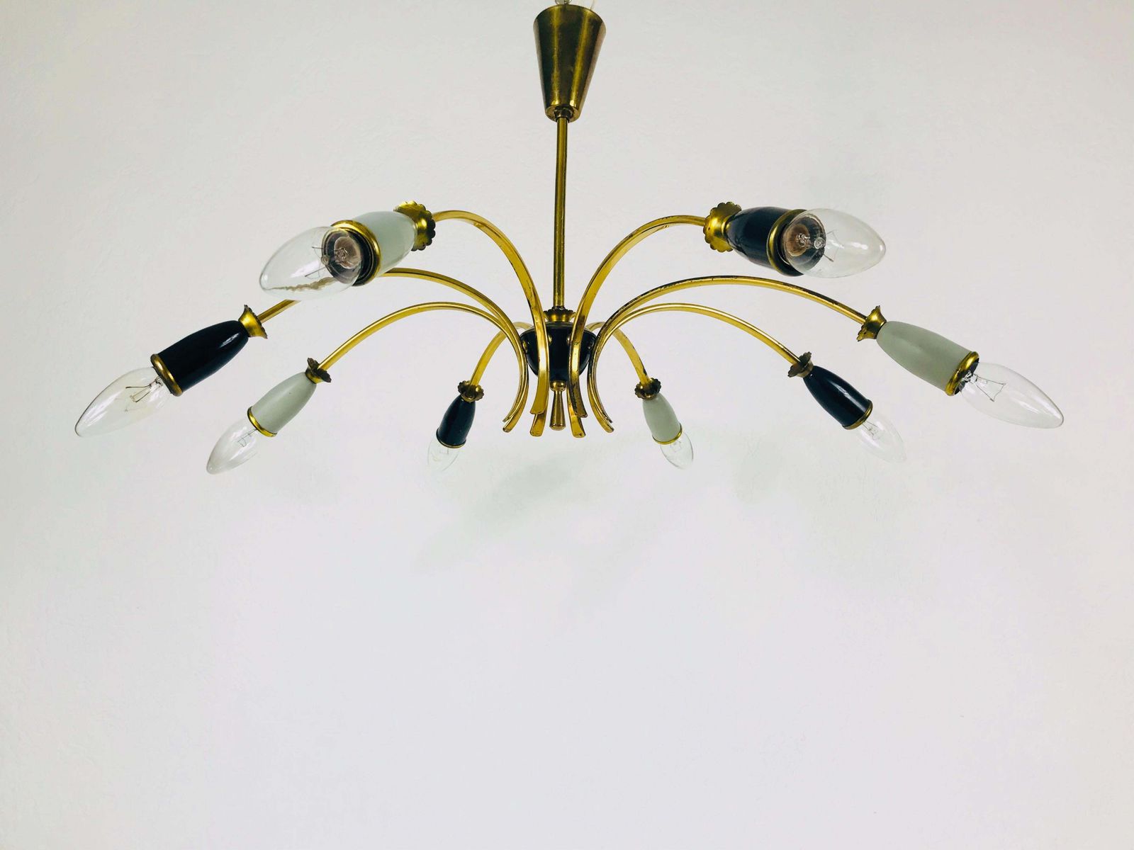 Large Midcentury Brass 8 Arm Sputnik Chandelier, 1950s photo Lighting