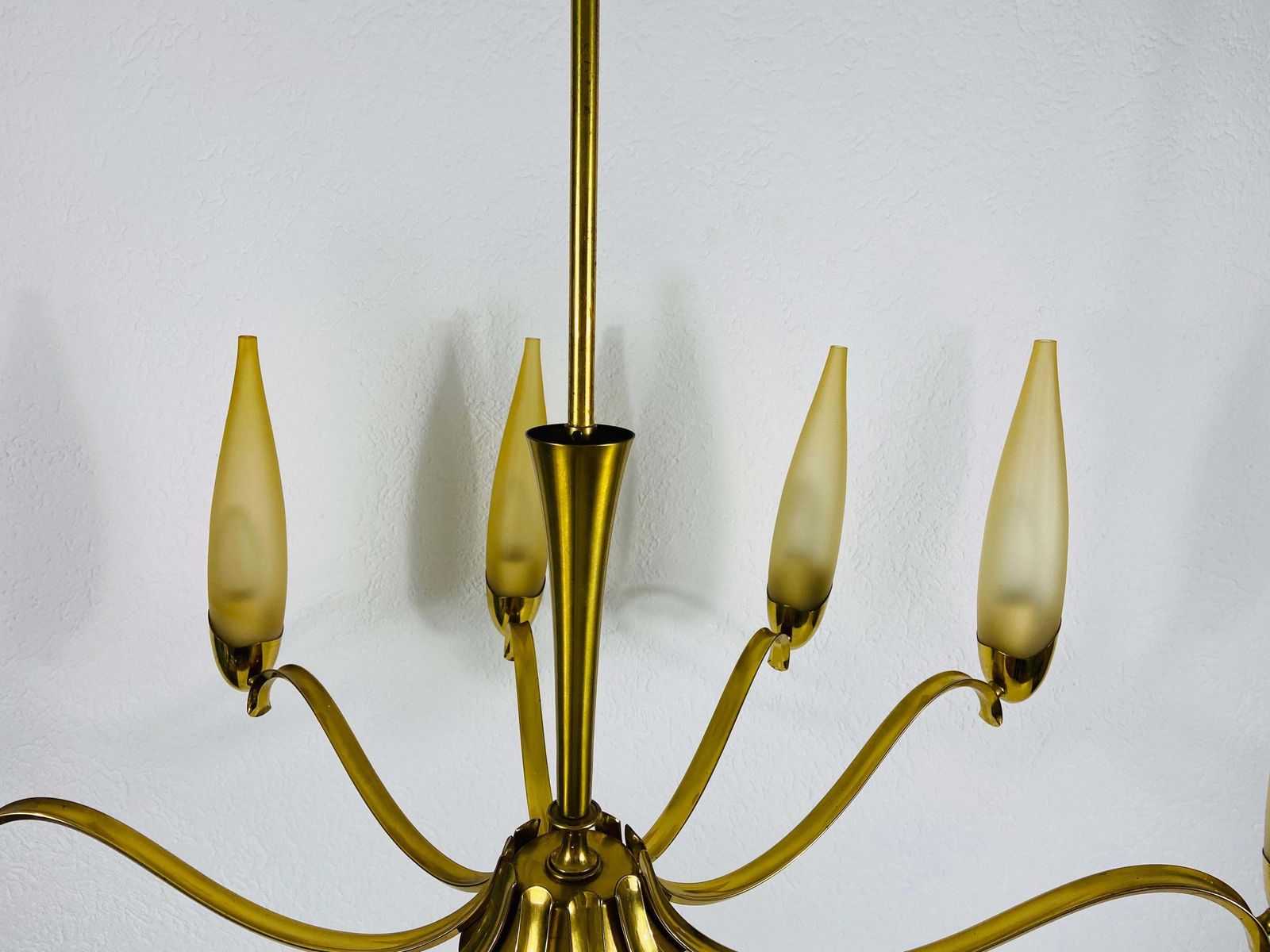 Lighting Mid Century Modern Italian Brass And Glass Chandelier, 1960s photo