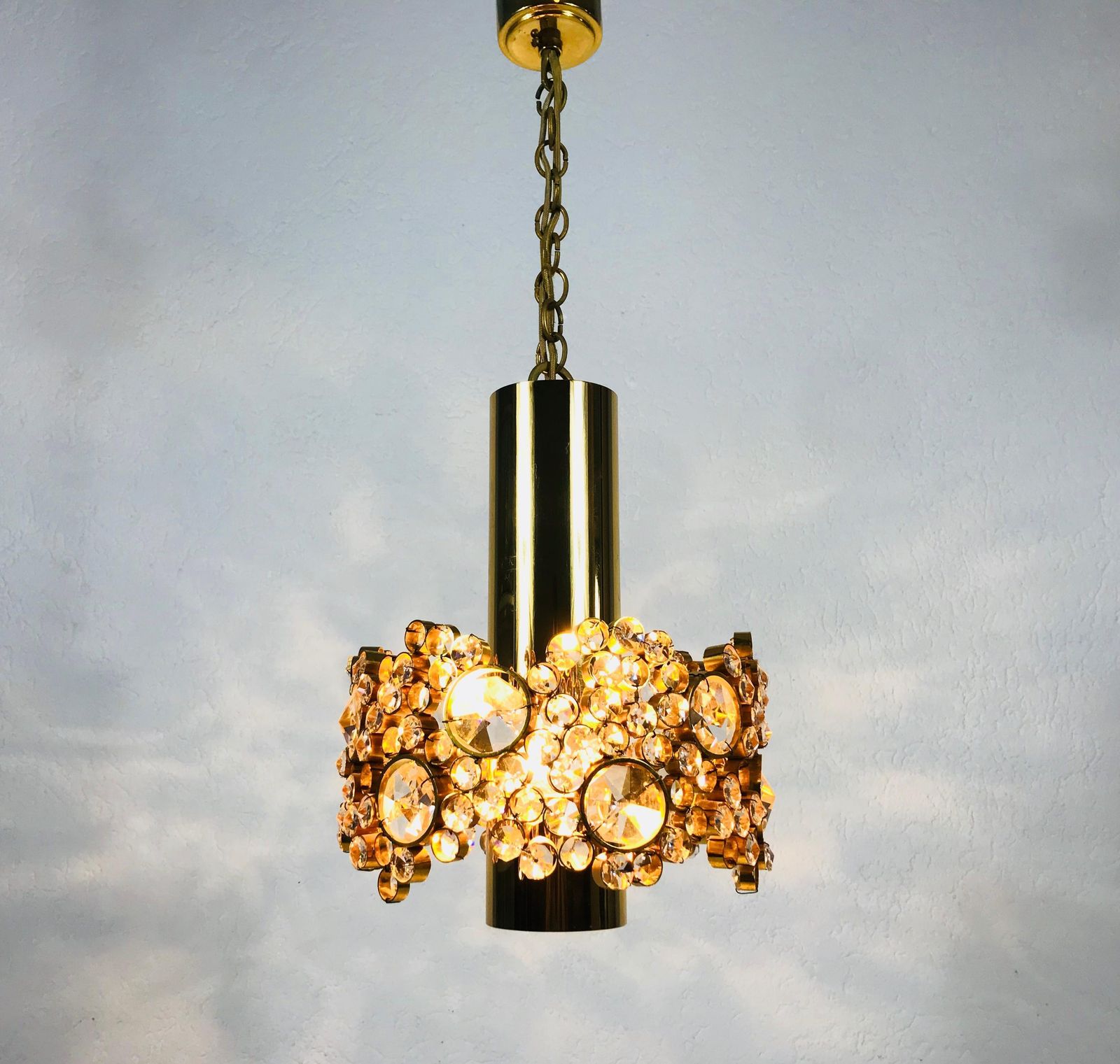 Pair Of Gilt Brass And Crystal Glass Chandeliers By Palwa, Germany, 1970s photo Lighting