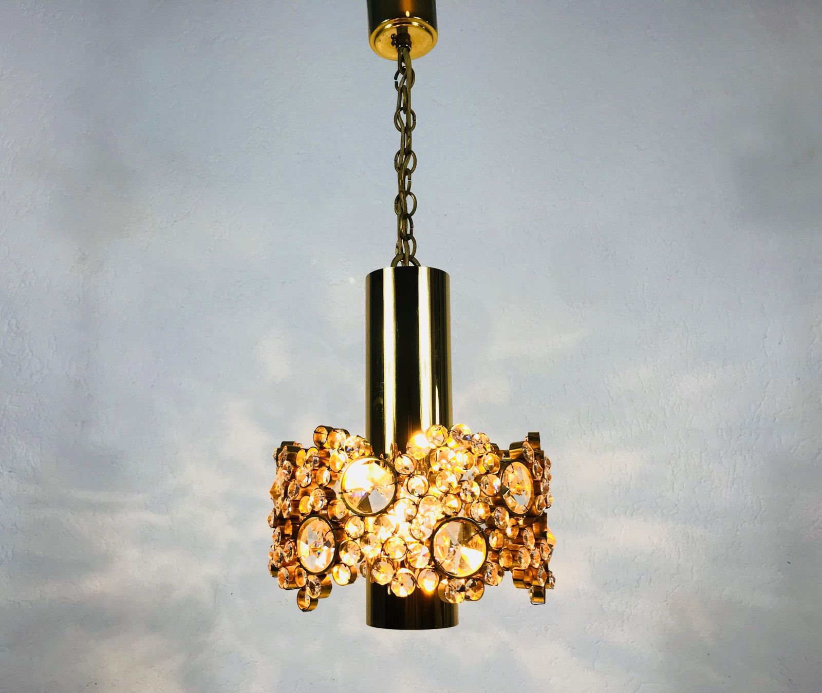photo for sale Pair Of Gilt Brass And Crystal Glass Chandeliers By Palwa, Germany, 1970s