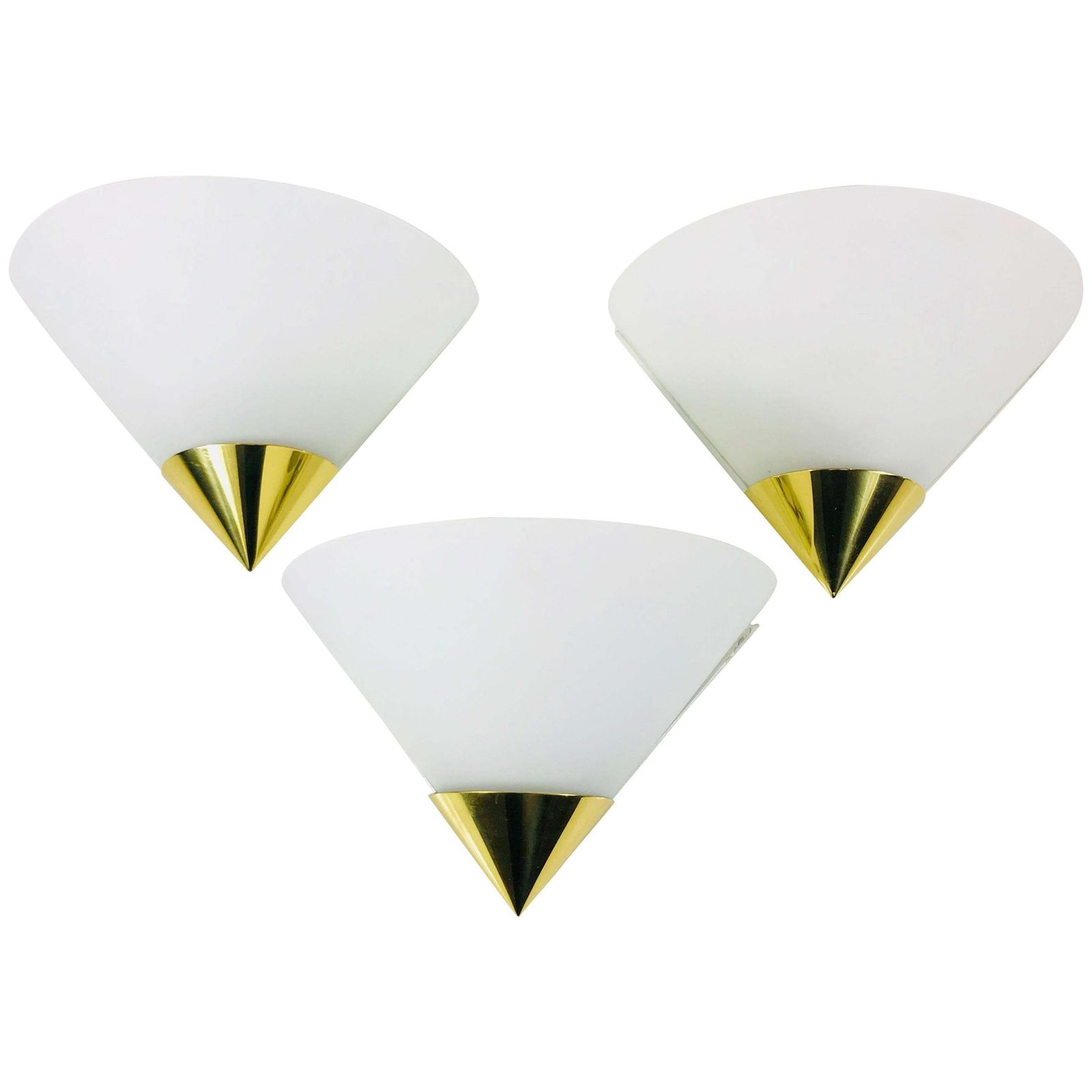 Set Of 3 Midcentury Brass And Opaline Glass Wall Lamps By Limburg, 1970s