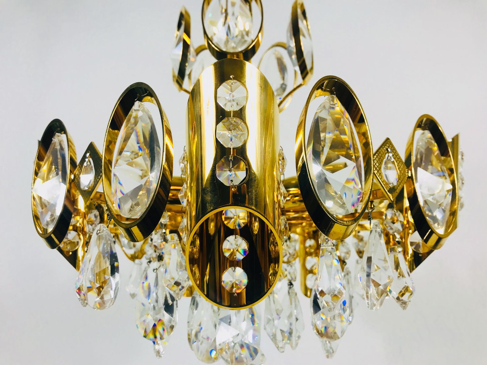 Golden Gilded Brass And Crystal Glass Chandelier By Palwa, Germany, 1960s photo vinterior