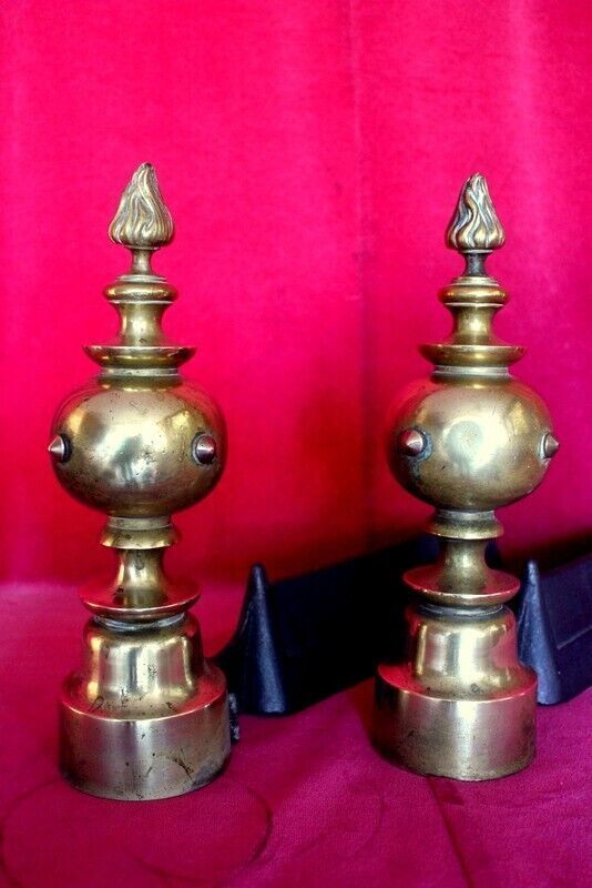 Pair Of Italian Antique Cast Iron And Brass Fireplace Andirons Fire Dogs 19th C photo furniture