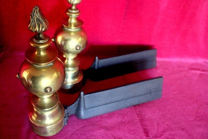 Pair Of Italian Antique Cast Iron And Brass Fireplace Andirons Fire Dogs 19th C photo 195.0