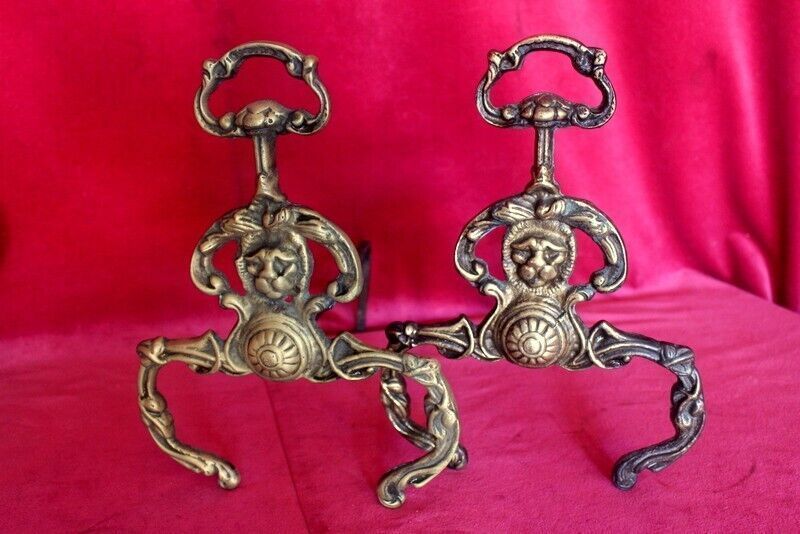 19th C Pair Of Italian Antique Cast Iron And Brass Fireplace Andirons Fire Dogs