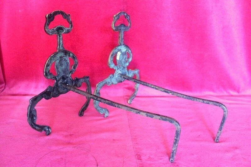 19th C Pair Of Italian Antique Cast Iron And Brass Fireplace Andirons Fire Dogs photo vinterior