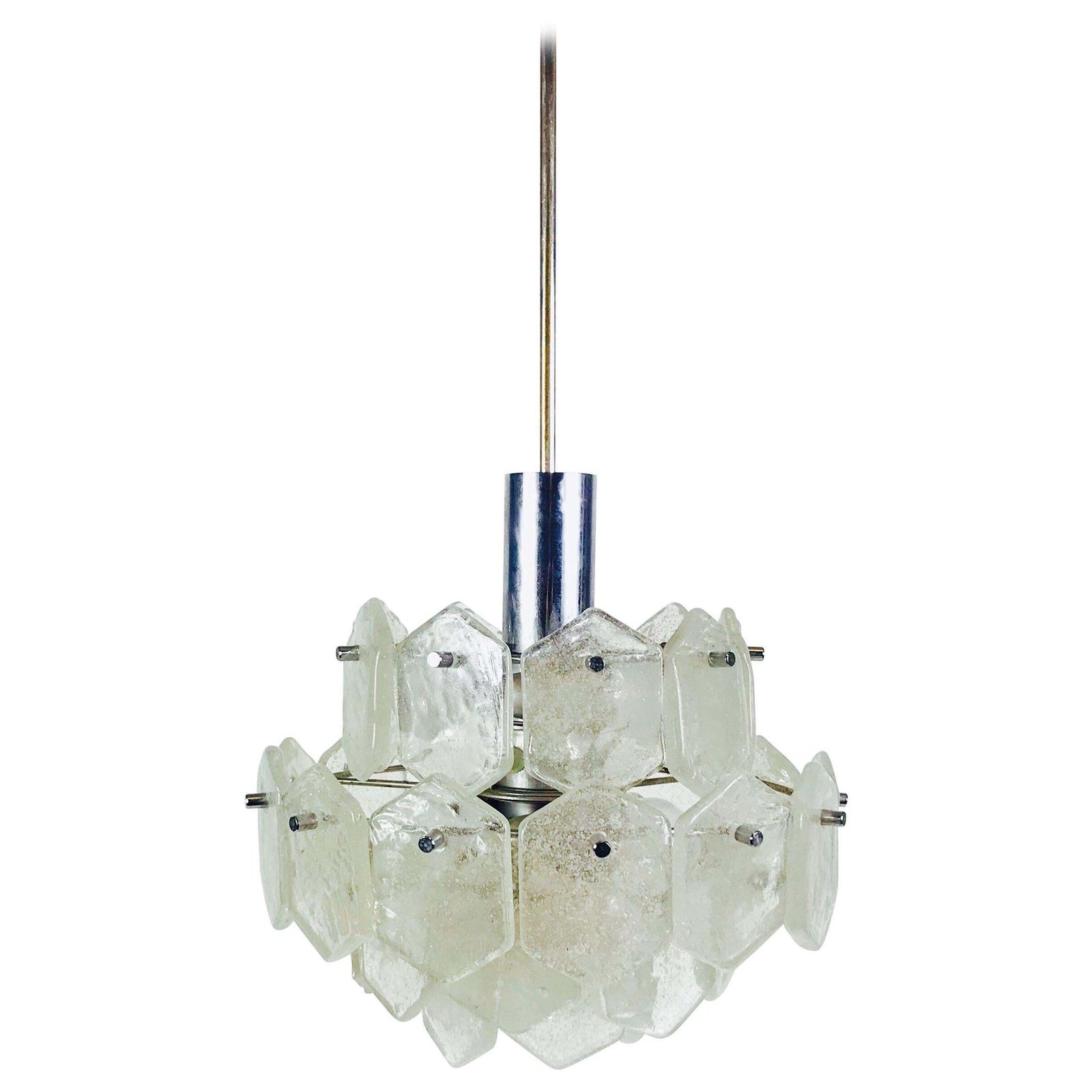 Four Tiered Kalmar Midcentury Ice Glass Chandelier, Circa 1960s