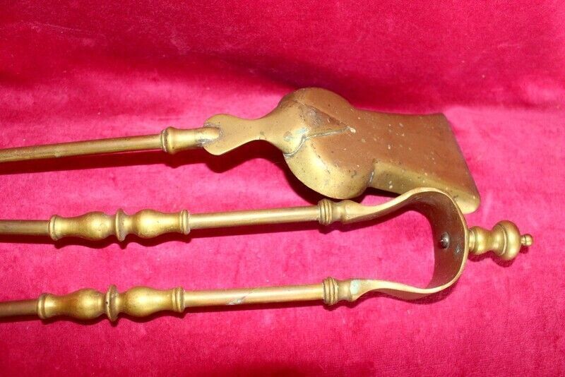 19th C Pair Of Italian Antique Brass Fireplace Companions Golden Solid Brass photo Home Fixtures