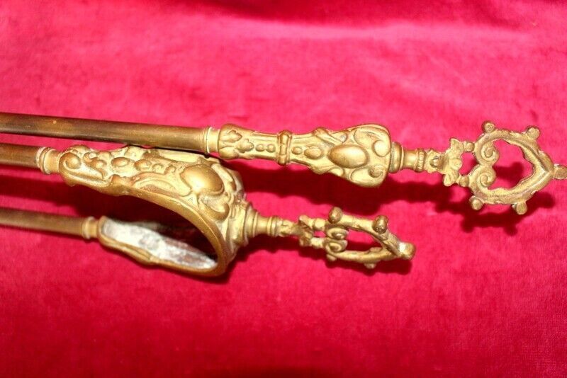 19th C Pair Of Italian Embossed Antique Brass Companions Golden Solid Brass photo 219.0