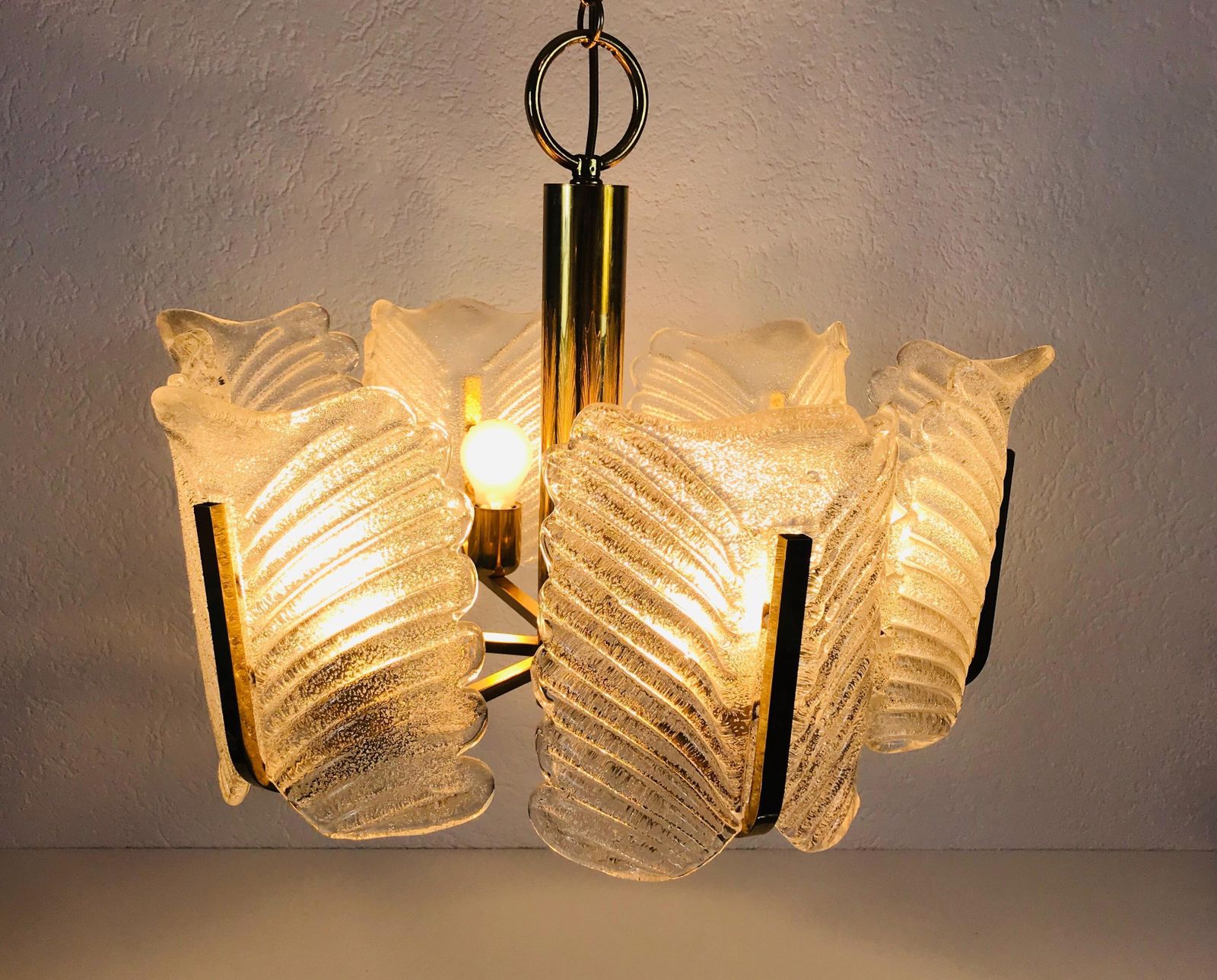 Large Rare Midcentury 6 Arm Brass And Ice Glass Chandelier, 1960s photo furniture