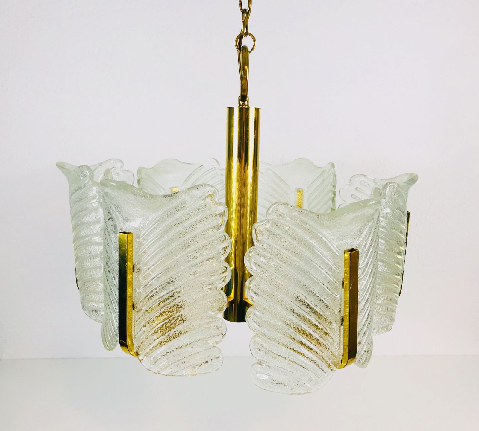 Large Rare Midcentury 6 Arm Brass And Ice Glass Chandelier, 1960s photo for sale