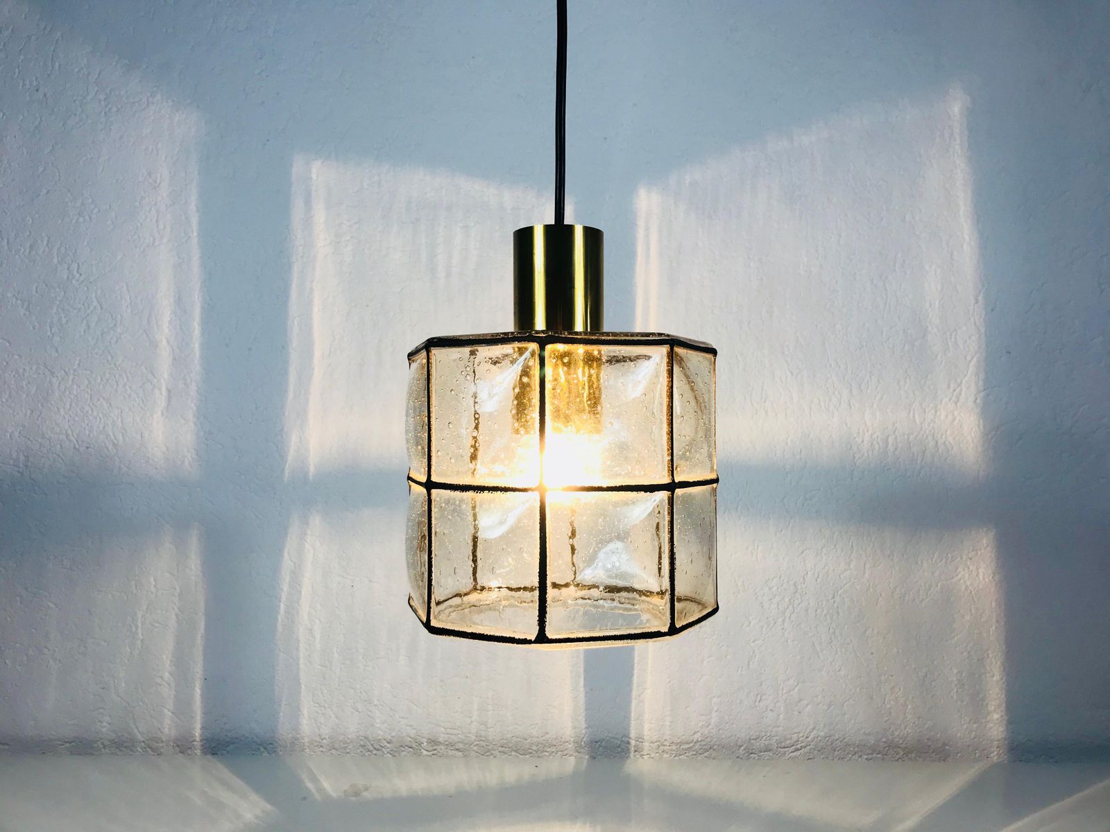 Midcentury Iron And Bubble Glass Pendant Lamp By Glashütte Limburg, 1960s photo furniture
