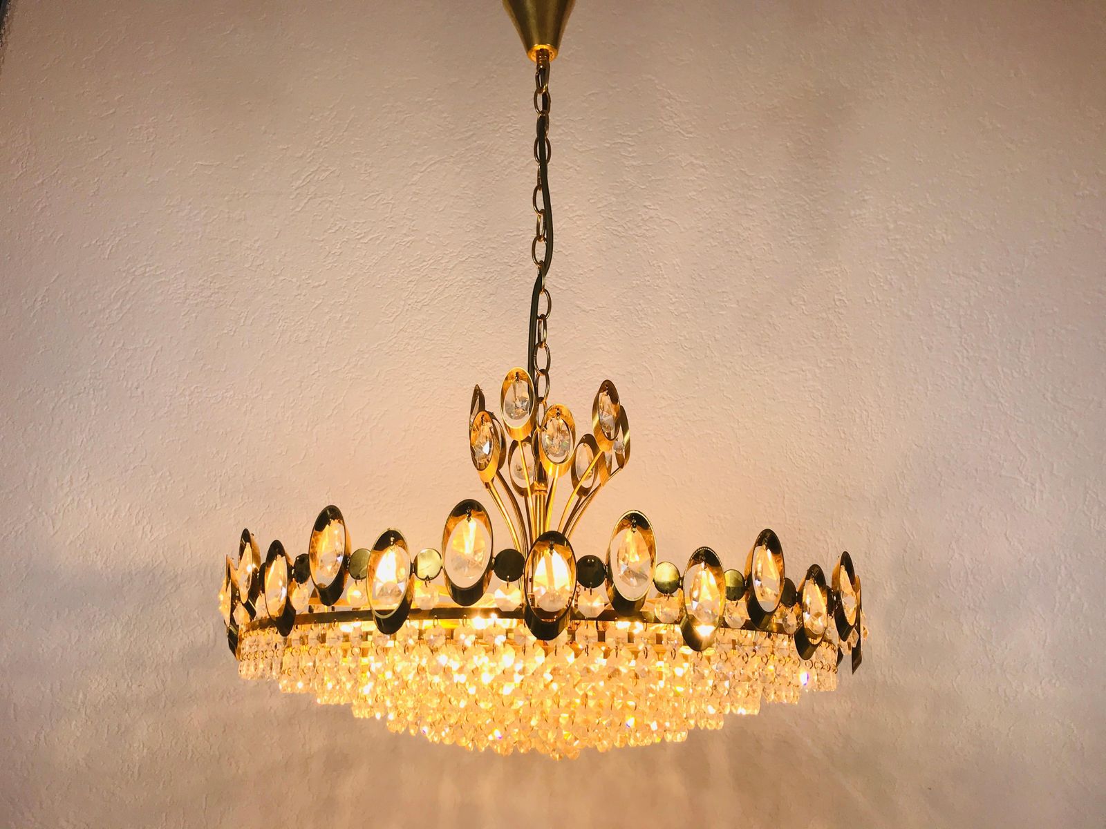 Golden Gilded Brass And Crystal Glass Chandelier By Palwa, Germany, 1960s photo furniture