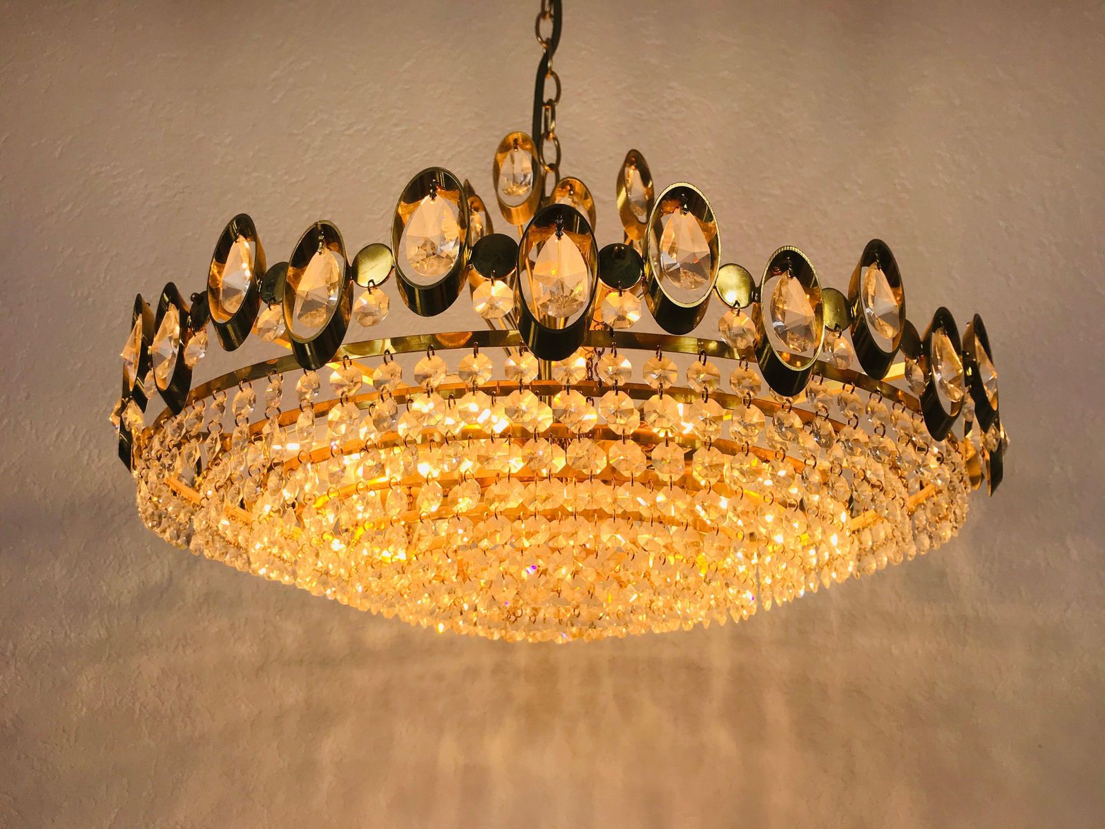 Golden Gilded Brass And Crystal Glass Chandelier By Palwa, Germany, 1960s photo for sale