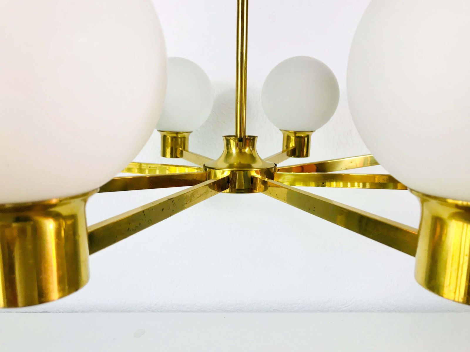 Rare Midcentury 8 Arm Brass And Opaline Glass Chandelier, 1960s photo buy