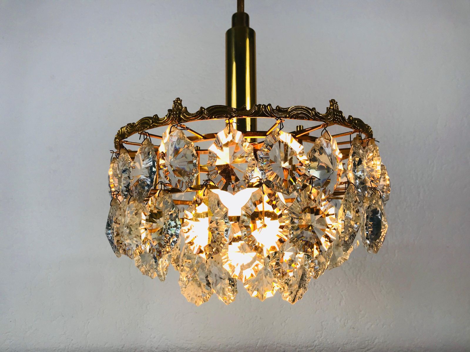 Gilt Brass And Crystal Glass 4 Tier Chandelier By Palwa, Germany, 1970s photo vinterior