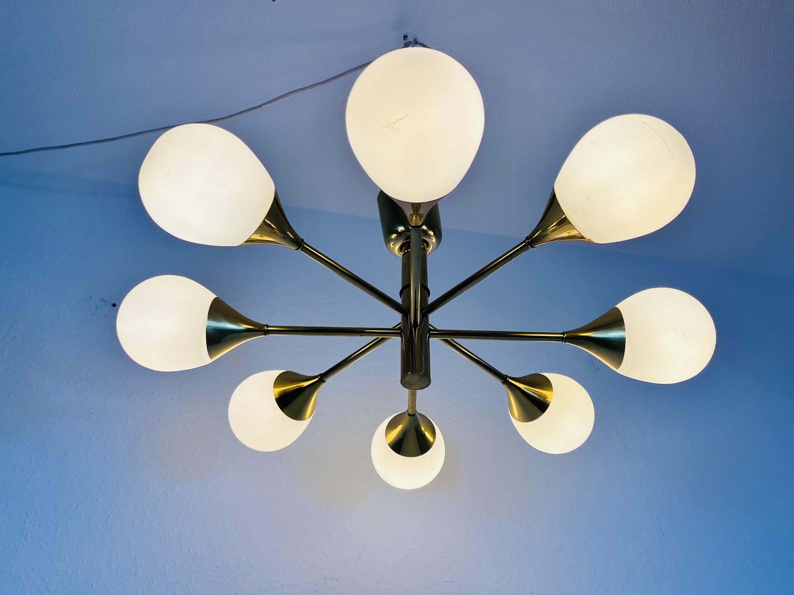 photo for sale Exceptional Mid Century Modern Brass Kaiser 6 Arm Space Age Chandelier, 1960s