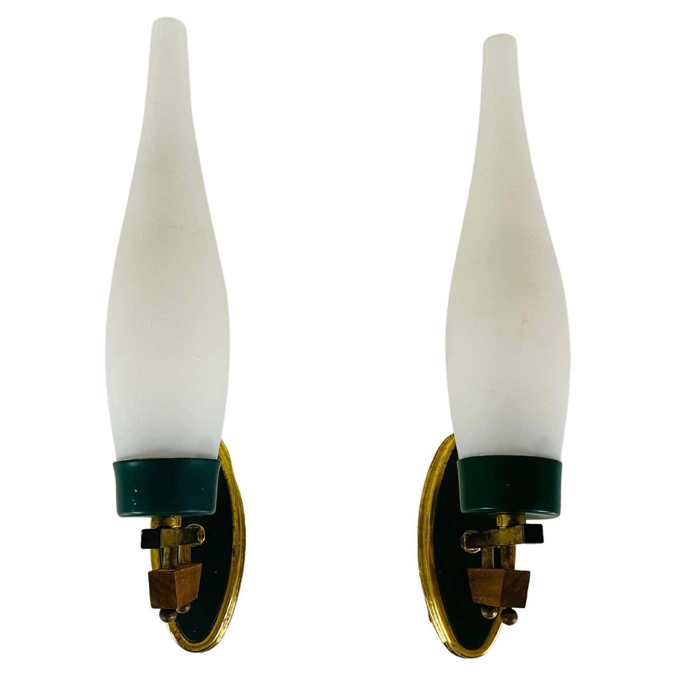 Pair Of Midcentury Brass And Opaline Glass Wall Lamps, Italy, 1960s