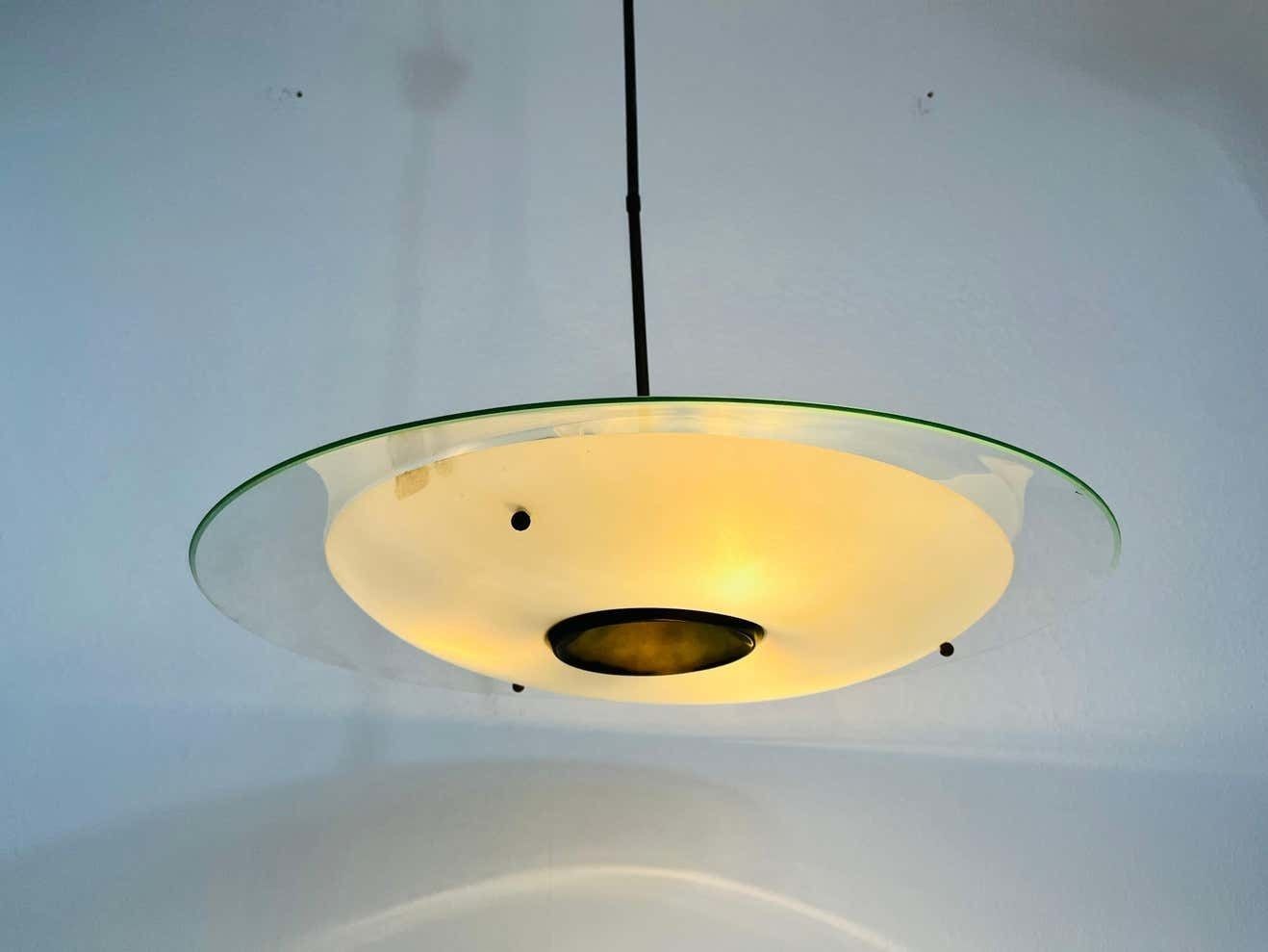 photo for sale Italian Midcentury Brass And Glass Chandelier, 1950s