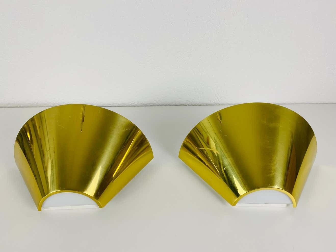 Pair Of Modernist Brass And Opaline Glass Wall Lamps By Limburg, Germany, 1980s photo for sale