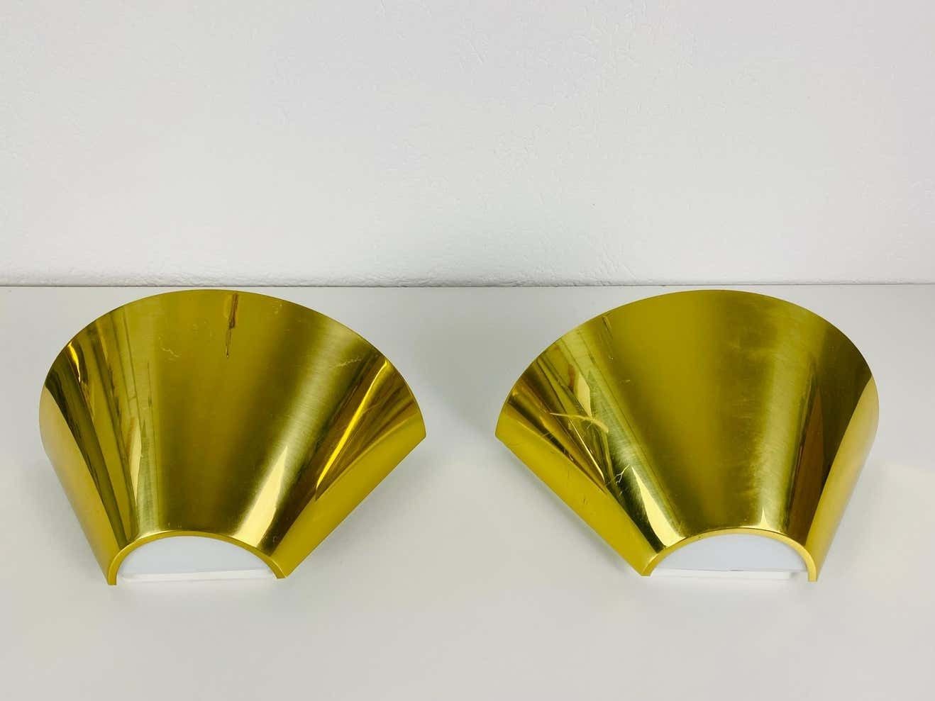 Pair Of Modernist Brass And Opaline Glass Wall Lamps By Limburg, Germany, 1980s photo Lighting
